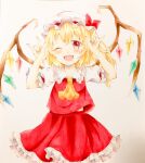  1girl amaoto_(pandora778) ascot blonde_hair blush collared_shirt cowboy_shot fang flandre_scarlet frilled_shirt_collar frilled_skirt frilled_sleeves frills hair_between_eyes happy hat hat_ribbon highres looking_at_viewer marker_(medium) medium_hair mob_cap multicolored_wings one_eye_closed one_side_up puffy_short_sleeves puffy_sleeves red_eyes red_ribbon red_vest ribbon shirt short_sleeves skirt skirt_set sleeve_ribbon solo touhou traditional_media vest white_background white_headwear white_shirt wings yellow_ascot 