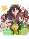  1boy 2girls :d ? black_hair blush brother_and_sister brown_eyes brown_hair carmine_(pokemon) colored_inner_hair crossed_bangs grin hair_between_eyes hairband hands_on_another&#039;s_shoulder highres juliana_(pokemon) kieran_(pokemon) makoto_139 mole mole_under_eye multicolored_hair multiple_girls ogerpon open_mouth pokemon pokemon_(creature) pokemon_(game) pokemon_sv purple_hair redhead siblings side_ponytail smile star_(symbol) teeth twitter_username two-tone_hair yellow_eyes yellow_hairband 