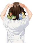  1girl animal animal_on_shoulder arms_up bird bird_on_shoulder brown_hair facing_away from_behind mattaku_mousuke original shirt short_sleeves solo twitter_username watermark white_shirt 