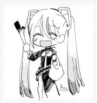  1girl :d ^_^ bag chibi closed_eyes commentary_request dress food greyscale hair_between_eyes hatsune_miku holding holding_bag holding_food long_hair monochrome plastic_bag short_shorts shorts shorts_under_dress side_slit signature simple_background smile sofra solo spring_onion standing twintails very_long_hair vocaloid white_background 