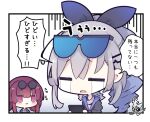  2girls :&gt; =_= beni_shake black_jacket chibi closed_eyes closed_mouth collared_shirt commentary_request crying eyewear_on_head fur-trimmed_jacket fur_trim goggles goggles_on_head gradient_background grey_background grey_hair hair_between_eyes hair_ornament hairclip honkai:_star_rail honkai_(series) jacket kafka_(honkai:_star_rail) long_sleeves multiple_girls open_mouth ponytail puffy_long_sleeves puffy_sleeves redhead ringlets round_eyewear shirt sidelocks signature silver_wolf_(honkai:_star_rail) streaming_tears sunglasses tears translation_request violet_eyes wavy_mouth white_background 