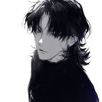  1boy absurdres cross cross_necklace empty_eyes fate/stay_night fate_(series) from_above greyscale highres jewelry kotomine_kirei light_smile looking_at_viewer male_focus monochrome necklace priest sanpaku short_hair skanroooo solo thick_eyebrows upper_body 