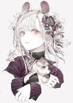  1girl animal_ears cat flower green_flower grey_background hair_flower hair_ornament highres hito_komoru holding koi looking_at_viewer mouse mouse_ears mouse_girl mushroom original purple_flower purple_sweater shirt solo sweater violet_eyes white_hair white_shirt 