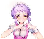  1girl blush dot_nose flat_chest frilled_shirt frills hands_up heart heart_hands highres idolmaster idolmaster_million_live! idolmaster_million_live!_theater_days looking_at_viewer maid_headdress makabe_mizuki open_mouth pink_skirt pretty_waitress_(idolmaster) puffy_short_sleeves puffy_sleeves purple_hair qianlou_(qianlou12374) shirt short_hair short_sleeves shy sidelocks simple_background skirt solo upper_body wavy_hair white_background white_shirt white_wrist_cuffs yellow_eyes 