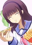  1girl :3 ^_^ angel_beats! black_hairband blue_sailor_collar blunt_bangs bow cheese_trail close-up closed_eyes closed_mouth commentary_request dutch_angle eating food french_fries green_bow hair_bow hairband happy highres holding holding_food holding_pizza lelie_(lelie_link) light_blush long_sleeves medium_hair nakamura_yuri pizza pizza_slice purple_hair sailor_collar shinda_sekai_sensen_uniform shirt sidelocks simple_background smile solo straight_hair white_background white_shirt 