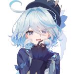  1girl antenna_hair ascot black_gloves blue_ascot blue_bow blue_brooch blue_coat blue_eyes blue_hair blue_headwear bow bright_pupils coat coat_bow dot_nose furina_(genshin_impact) furrowed_brow genshin_impact gloves hair_intakes hand_up hat heterochromia highres light_blue_hair long_hair long_sleeves looking_at_viewer mismatched_pupils mochizuki_mochi multicolored_hair nervous ojou-sama_pose open_clothes open_coat open_mouth shirt short_shorts shorts simple_background solo sweat teeth top_hat two-tone_hair upper_body upper_teeth_only very_long_hair wavy_hair wavy_mouth white_background white_gloves white_pupils white_shirt white_shorts 