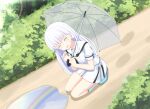  1girl ^_^ after_rain aqua_footwear blunt_ends blush boots bush closed_eyes commentary_request day dutch_angle facing_viewer from_above full_body hair_between_eyes hair_ornament hairclip happy highres holding holding_umbrella kneeling long_hair miniskirt naruse_shiroha open_mouth outdoors puddle puffy_short_sleeves puffy_sleeves rainbow reflection reflective_water road rubber_boots sailor_collar school_uniform shirt short_sleeves sidelocks skirt smile solo soranishi_hiro straight_hair summer_pockets transparent transparent_umbrella umbrella very_long_hair white_hair white_sailor_collar white_shirt white_skirt 