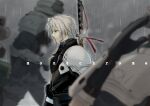  4boys aged_down aiz00 armor black_gloves black_jacket blue_eyes blurry blurry_background blurry_foreground closed_mouth commentary_request final_fantasy final_fantasy_vii final_fantasy_vii_ever_crisis gloves grey_hair hand_up helmet jacket katana long_sleeves male_focus multiple_boys profile rain sephiroth shinra_infantry_uniform short_hair shoulder_armor sweater sword sword_on_back turtleneck turtleneck_sweater upper_body water_drop weapon weapon_on_back 