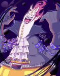  1boy colored_skin demon_boy demon_horns evil_smile fiery_hair gecko_moria head_tilt highres horns houkikatuhisa large_hands long_neck one_piece outstretched_arms purple_hair purple_lips sanpaku scot sharp_teeth short_hair smile solo spiky_hair spread_arms stitches teeth umbrakinesis vampire_costume white_skin 