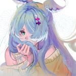  1girl aqua_eyes blue_hair blue_wings covering_mouth elira_pendora hair_over_one_eye head_wings holding holding_hair laiwa long_hair nijisanji nijisanji_en off-shoulder_sweater off_shoulder one_eye_covered solo sweater virtual_youtuber wings yellow_sweater 