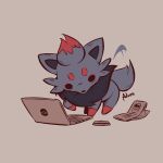  advos artist_name brown_background chibi computer credit_card full_body laptop motion_lines no_humans pokemon pokemon_(creature) simple_background solo tail tail_wagging wallet zorua 