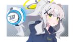  blue_archive blue_hoodie drone green_eyes grey_background grey_hair hair_ornament hairpin halo hare_(blue_archive) highres hood hoodie looking_at_viewer ponytail satoh_vrc two-tone_background white_background 