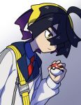  1boy absurdres ahoge black_hair blue_shirt closed_mouth collared_shirt commentary_request grey_background hairband hand_up highres holding holding_poke_ball jacket kieran_(pokemon) long_sleeves male_focus mole mole_on_neck necktie nokino_(nokinokin0) poke_ball poke_ball_(basic) pokemon pokemon_(game) pokemon_sv red_necktie shirt short_hair solo strap white_jacket yellow_eyes yellow_hairband zipper_pull_tab 