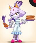  1girl animal_ears apron blaze_the_cat cat_ears cat_girl cat_tail eyelashes food forehead_jewel fur-trimmed_gloves fur_trim gloves hand_on_own_hip highres holding holding_plate looking_at_viewer marthedog one_eye_closed pancake pancake_stack plate ponytail purple_fur purple_shirt shirt slippers smile sonic_(series) tail white_gloves yellow_eyes 