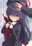  1girl azel_(laevateinn495) black_hair blue_archive blurry blurry_background blush commentary_request fidgeting gun halo headpat highres hime_cut justice_task_force_member_(blue_archive) long_hair pov pov_hands red_eyes rifle school_uniform solo_focus weapon 