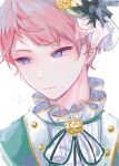  1boy closed_mouth commentary_request dated ensemble_stars! green_ribbon highres itsuki_shu machi_es male_focus neck_ribbon pink_hair portrait ribbon short_bangs short_hair simple_background solo violet_eyes white_background 