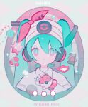  1girl aqua_hair artist_name beanie blue_eyes bracelet character_name closed_mouth collared_shirt grey_background hair_between_eyes hair_ribbon hand_up hat hatsune_miku headphones highres holding holding_poke_ball jewelry kikihuihui long_hair looking_at_viewer multicolored_nails nail_polish poke_ball poke_ball_(basic) pokemon project_voltage psychic_miku_(project_voltage) red_ribbon ribbon shirt short_sleeves solo sparkle straight-on twintails upper_body vocaloid white_headwear white_shirt 