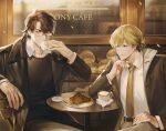  2boys absurdres belt black_coat black_sweater blonde_hair blue_eyes boony2789 bread brown_hair cafe chair coat croissant cup drinking elbow_on_table facial_hair food glasses hand_on_own_knee highres hot_chocolate light_smile long_hair male_focus multiple_boys necktie original shirt short_hair sitting stubble sweater table teacup white_shirt 