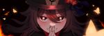  1girl ameyume7234 brown_hair genshin_impact hat highres hu_tao_(genshin_impact) looking_at_viewer nail_polish own_hands_together porkpie_hat red_eyes smile solo star-shaped_pupils star_(symbol) symbol-shaped_pupils twintails 