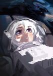  1girl astronaut helmet highres iced_(tvap2328) looking_up open_mouth original red_eyes space_helmet spacesuit traditional_media white_hair 