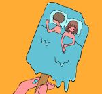  1boy 1girl 428_reverb brown_hair expressionless flat_color food highres nude original pillow popsicle short_hair simple_background surreal tears under_covers yellow_background 