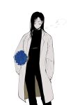  1girl absurdres blue_flower bouquet closed_eyes closed_mouth coat cowboy_shot flower gyunyu_gokugoku hands_in_pockets highres holding holding_bouquet ieiri_shoko jujutsu_kaisen long_hair long_sleeves pants partially_colored shirt simple_background solo standing 