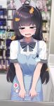  &gt;_&lt; 1girl ahoge angel&#039;s_24_uniform_(blue_archive) animal_ears apron apron_grab badge black_bow black_bowtie black_hair blue_apron blue_archive blurry blurry_background blush bow bowtie breasts convenience_store crying fake_animal_ears halo highres indoors leaf leaf_on_head long_hair miyu_(blue_archive) miyu_(lawson)_(blue_archive) name_tag official_alternate_costume rabbit_ears ryouta_(ryouta335) shirt shop small_breasts solo straight_hair striped striped_bow striped_bowtie tears very_long_hair white_shirt 