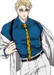  1boy belt black_belt blonde_hair blue_shirt closed_mouth collared_shirt cowboy_shot formal hand_up highres jacket jujutsu_kaisen long_sleeves male_focus mochiya_(mochiya0504) nanami_kento necktie off_shoulder pants round_eyewear shirt short_hair simple_background solo standing suit sunglasses suspenders white_background white_jacket white_pants white_suit yellow_necktie 