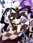  bikini_top black_hair black_rock_shooter black_rock_shooter_(character) blue_eyes boots chain coat dead_master flat_chest from_above glowing glowing_eyes long_hair looking_up midriff navel open_mouth pale_skin shorts solo tamaoka_kagari twintails very_long_hair 