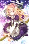  broom broom_riding colored_eyelashes eyelashes hat holding holding_hat jaku_sono kirisame_marisa looking_at_viewer smile solo touhou wink witch witch_hat 
