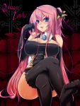  blue_eyes breasts crossed_legs elbow_gloves erect_nipples feet gloves hair_ribbon large_breasts long_hair megurine_luka pink_hair ribbon sitting smile solo thigh-highs thighhighs very_long_hair vocaloid yukinon 
