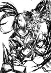  1girl asymmetrical_hair black_rock_shooter drawfag gauntlets glowing glowing_eye hair_ornament insane_black_rock_shooter long_hair monochrome sketch solo twintails uneven_twintails 