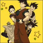  1girl 4boys ^_^ black_border black_hair blush_stickers border brothers cape chi-chi_(dragon_ball) closed_eyes couple dougi dragon_ball dragonball_z earrings eyebrows_visible_through_hair facing_away family father_and_son fingernails floating hand_on_another&#039;s_head hand_on_hip happy hetero jewelry legs_crossed looking_at_viewer lowres mother_and_son multiple_boys nitako open_mouth piccolo pointy_ears short_hair siblings simple_background smile son_gohan son_gokuu son_goten spiky_hair standing star tied_hair turban wristband yellow_background 