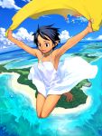  barefoot black_hair brown_eyes choker cloud clouds dress feet flying happy island nishino_juutarou ocean original pointy_ears red_eyes short_hair sky solo spread_toes tan toe-spread toes white_dress 