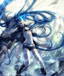  bad_id bikini_top black_hair black_rock_shooter black_rock_shooter_(character) blue_eyes boots chain coat flat_chest glowing glowing_eyes imaginaly_blank long_hair midriff navel pale_skin scar shorts solo twintails very_long_hair weapon 