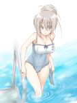  brown_hair casual_one-piece_swimsuit hair_up one-piece_swimsuit original paopao ponytail pool poolside solo swimsuit wading water 