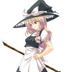  apron bamboo_broom blonde_hair braid broom buttons grin hand_on_hip hat kirisame_marisa short_sleeves side_braid smile solo taisa_(loudist) taisa_(pixiv445706) touhou transparent_background waist_apron witch_hat 