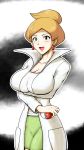  araragi_(pokemon) blonde_hair breasts cleavage earrings gouguru green_eyes holding holding_poke_ball huge_breasts jewelry labcoat open_mouth poke_ball pokemon pokemon_(game) pokemon_bw short_hair shorts smile solo 