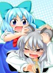  animal_ears blue_eyes blue_hair blush bow capelet cirno grey_hair hair_bow jewelry mouse_ears multiple_girls nazrin pendant red_eyes short_hair tears tec touhou wince 