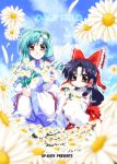  bad_id black_hair bow brown_eyes daisy detached_sleeves flower frog green_hair hair_bow hair_ornament hakurei_reimu kochiya_sanae long_hair multiple_girls snake takana_shinno touhou yellow_eyes 