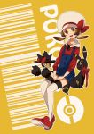  1girl barcode bow cabbie_hat hagiko hat hat_ribbon kotone_(pokemon) murkrow overalls pokemon pokemon_(creature) pokemon_(game) pokemon_gsc pokemon_heartgold_and_soulsilver red_ribbon ribbon thigh-highs thighhighs twintails umbreon 