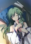  detached_sleeves frog gohei green_hair hair_ornament kochiya_sanae long_hair sleeping touhou yuzuhara902 