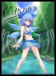  bare_shoulders bikini blue_eyes blue_hair bow breasts character_name cirno cleavage food forest fruit hair_bow holding holding_fruit kou512a nature navel river short_hair solo swimsuit touhou wading water watermelon wings wristband 
