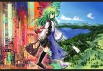  bondson city detached_sleeves dissolving_clothes gohei green_eyes green_hair hair_ornament japanese_clothes kochiya_sanae landscape letterboxed long_hair miko nature scarf school_uniform touhou transformation translated walking 