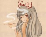  face fujiwara_no_mokou kasu_(bibuta) kiseru long_hair pipe simple_background smoke smoking solo topless touhou 