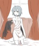  bad_id barefoot bed blue_hair kneeling nightgown red_eyes red_string remilia_scarlet short_hair sketch touhou wings 