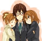  blazer enji127 fukutarou_(enji127) glasses grin hirasawa_ui hirasawa_yui hug k-on! manabe_nodoka red-framed_glasses school_uniform semi-rimless_glasses smile sweater turtleneck under-rim_glasses wink 