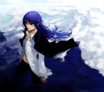  androgynous blue_hair cloud clouds faris_scherwiz final_fantasy final_fantasy_v katsura_(+araka) long_hair long_sleeves navel reflection reverse_trap shirt signature solo unbuttoned water white_shirt wind 