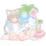  bag barefoot braid brown_eyes brown_hair casual_one-piece_swimsuit cat_ears cat_tail child innertube long_hair one-piece_swimsuit original palm_tree sandals solo suzu_kasutera swimsuit tail tree twin_braids 