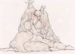  blush fujiwara_no_mokou graphite_(medium) highres hug kamishirasawa_keine monochrome multiple_girls mutual_yuri pink profile shime_mura sitting sketch smile spot_color touhou traditional_media yuri 